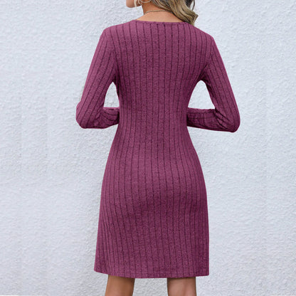 CM | Chic vestido midi con escote en V y cintura abotonada, manga larga, monocolor