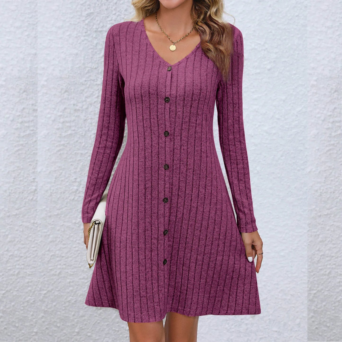 CM | Chic vestido midi con escote en V y cintura abotonada, manga larga, monocolor