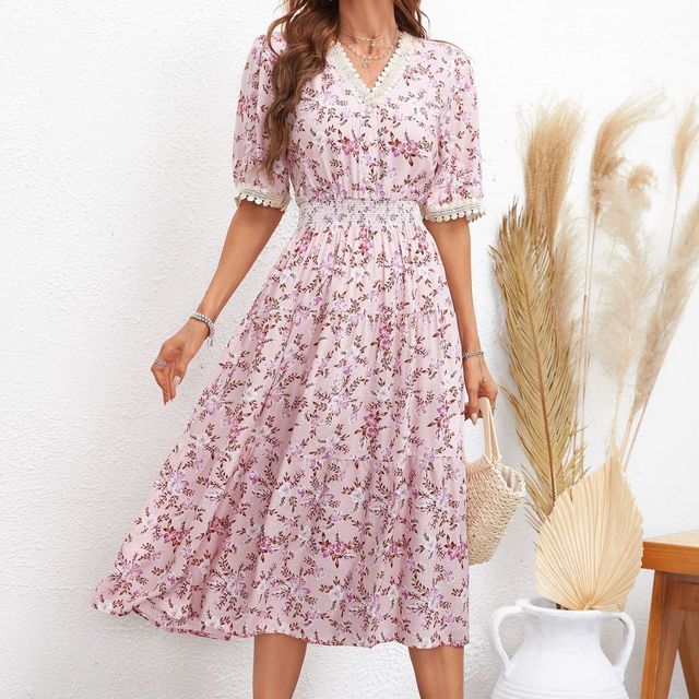 CM | Vestido midi con escote en V y estampado floral en línea A FR1061