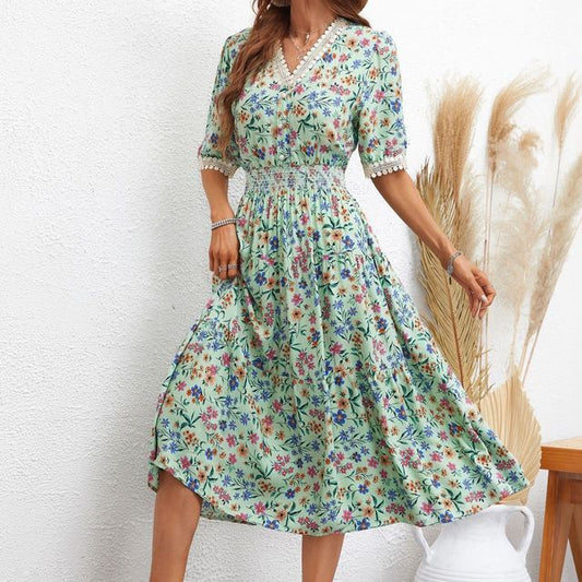 CM | Vestido midi con escote en V y estampado floral en línea A FR1061