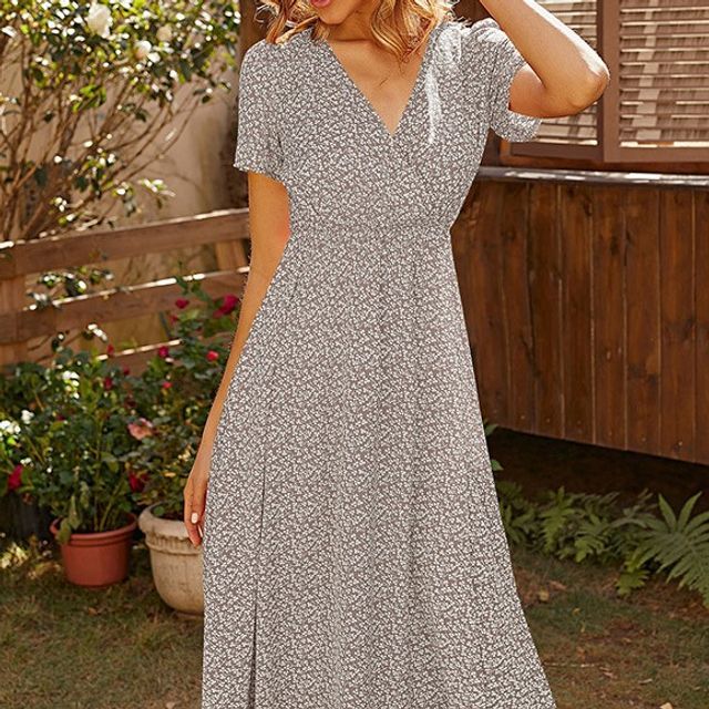CM | Vestido midi con escote en V y estampado floral en línea A FR102
