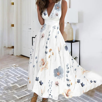 CM | Vestido largo de mujer - Estampado floral - Sin mangas - Escote en pico - Mezcla transpirable - Corte holgado