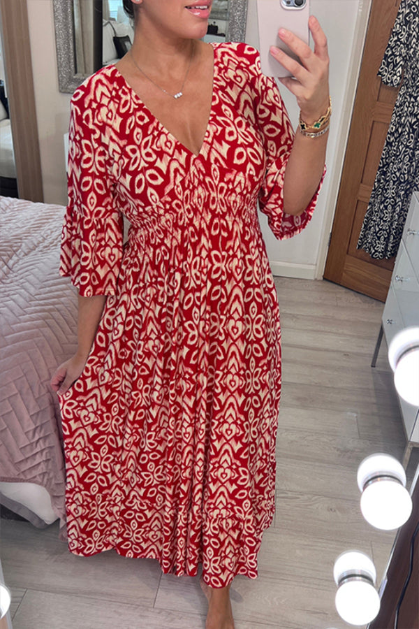 CM | Bohème vestido largo con cuello en V y cintura envolvente y estampado informal