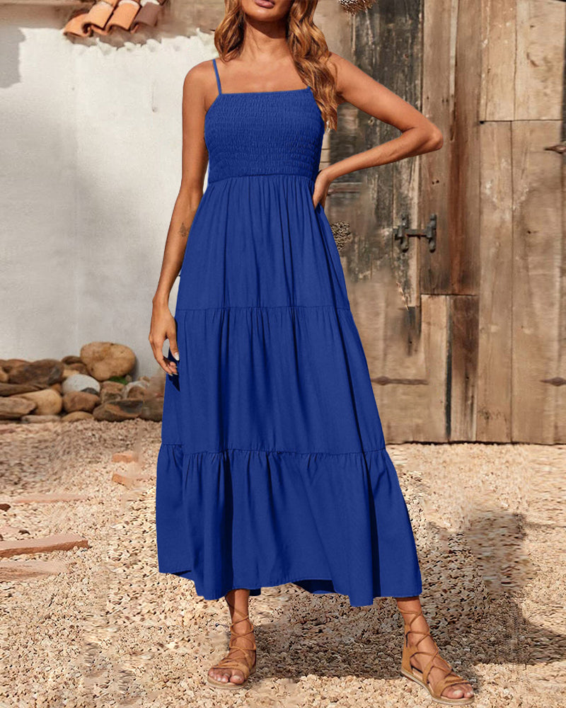 CM | Bohemio Vestido Largo Espagueti Correa Sólido Swing Playa Maxi Vestido Sin Mangas