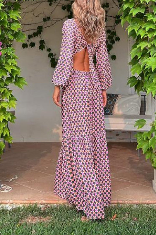 CM | Serene Dreams Maxi Vestido con Cuello Lateral Estampado y Cintura Elástica