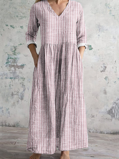 CM | Maxivestido de mujer - Fibras naturales - Corte relajado - Cuello en pico - Mangas largas - A rayas