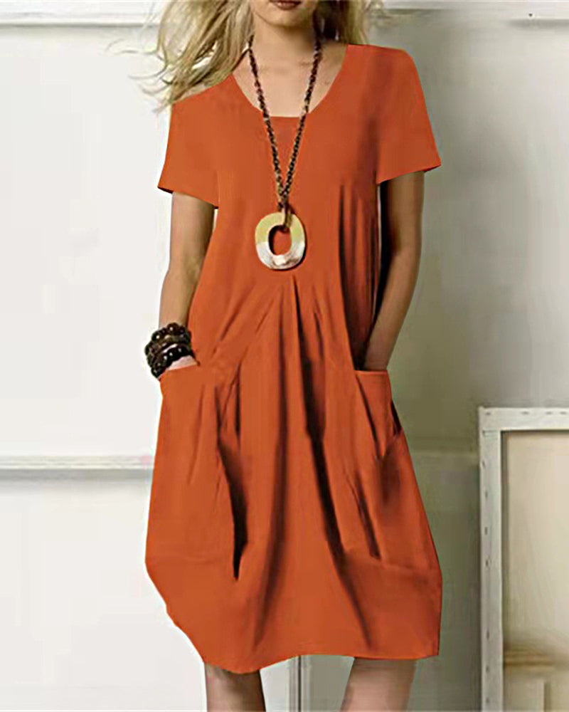 CM | Vestido de verano holgado Vestido midi Vestido de playa de manga corta con bolsillos
