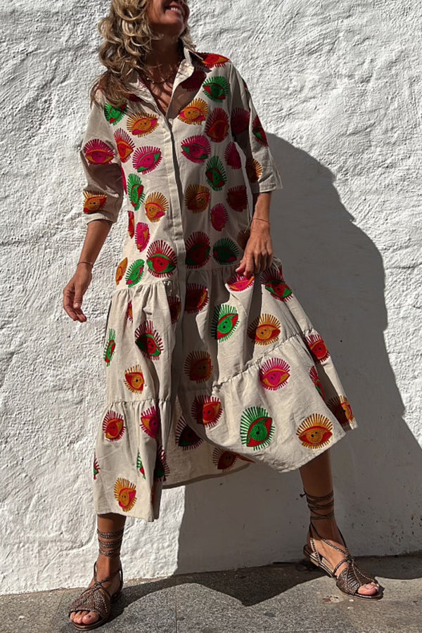 CM | Take Me To Cabo Ethnic Unique Print Botón Camisa Suelta Vestido Midi