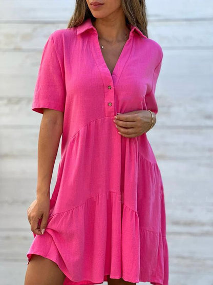 CM | Vestido femenino informal, monocolor, de manga corta, de algodón y lino