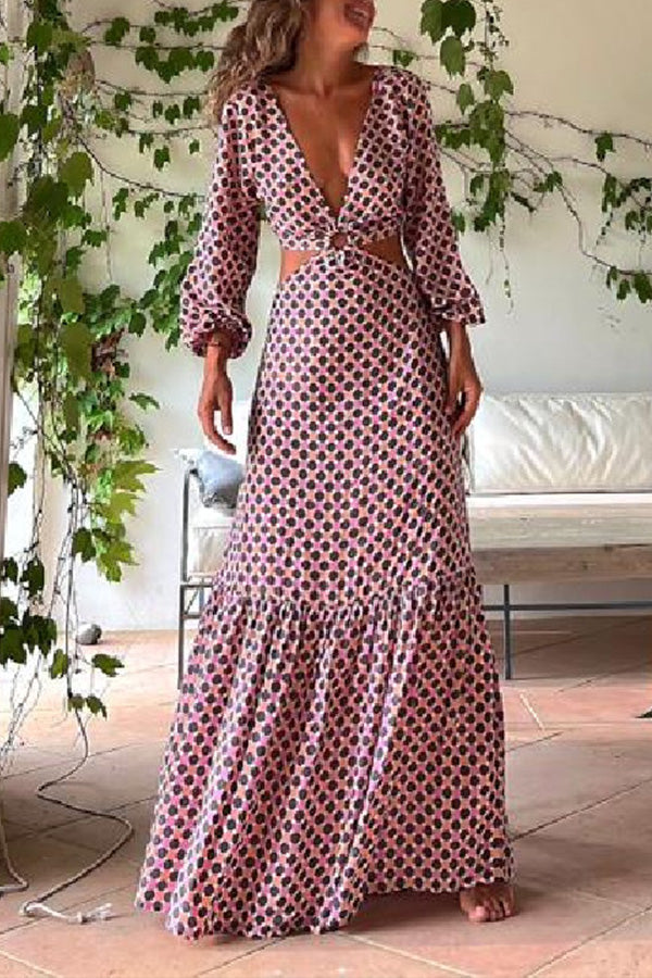 CM | Serene Dreams Maxi Vestido con Cuello Lateral Estampado y Cintura Elástica