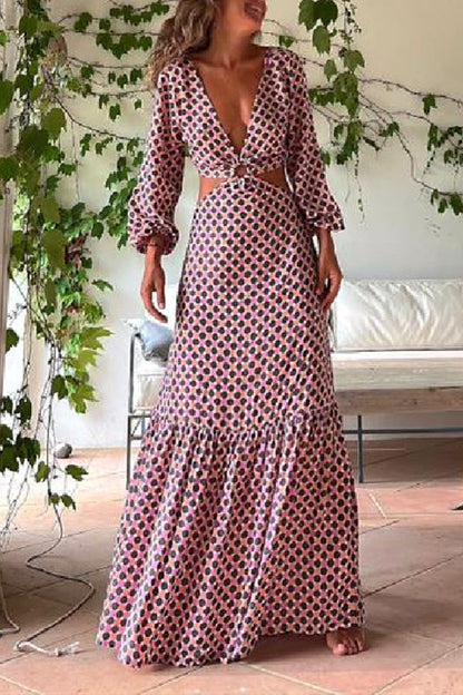 CM | Serene Dreams Maxi Vestido con Cuello Lateral Estampado y Cintura Elástica