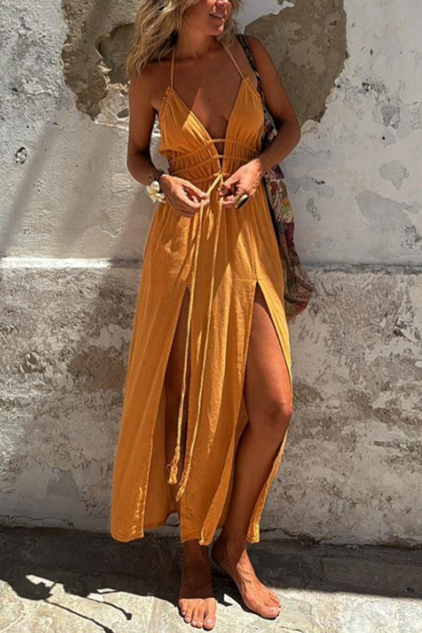CM | Mezcla de lino Cintura elástica Halter Bolsillo sin espalda Abertura Vestido Midi