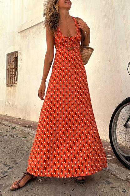 CM | Naranja Manga Corta Estampado Regular Vestido Largo Tirantes