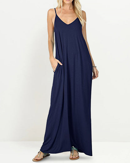 CM | Casual Fluye Bolsillos Suelta Playa Sin Mangas Cami Maxi Vestidos