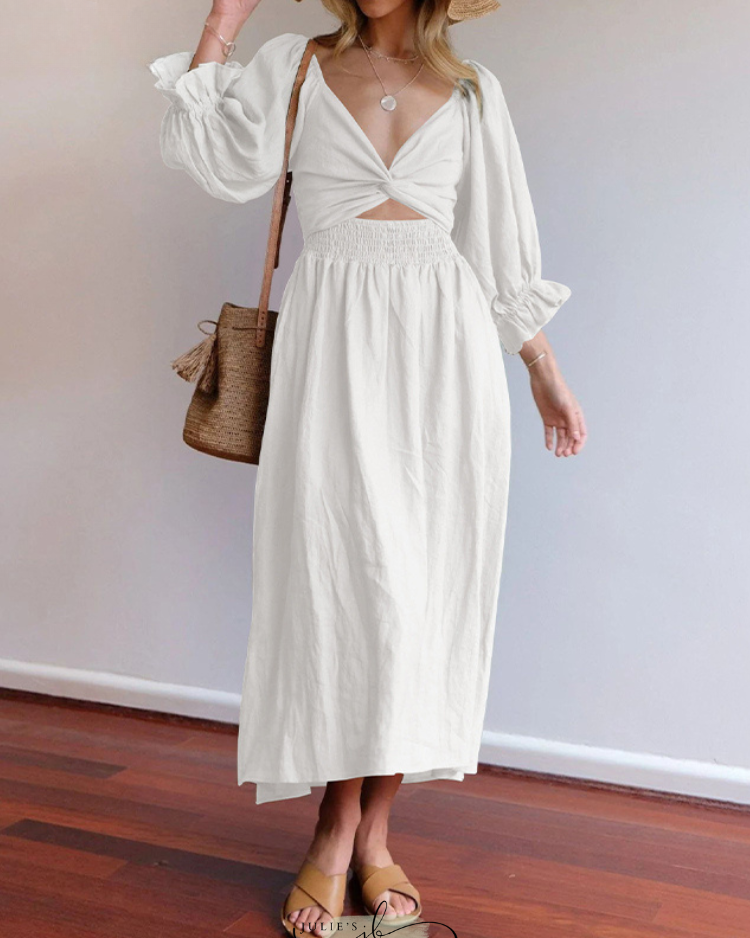 CM | Elegante maxi vestido de manga abullonada reversible