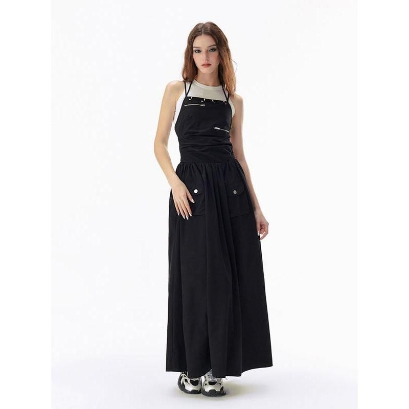 CM | Elegante Básico Negro Sólido Sin Espalda Vendaje Maxi Vestido con Bolsillos