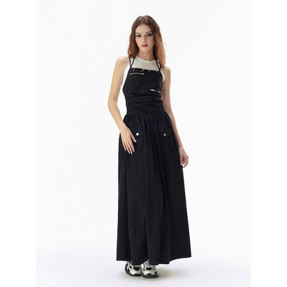 CM | Elegante Básico Negro Sólido Sin Espalda Vendaje Maxi Vestido con Bolsillos
