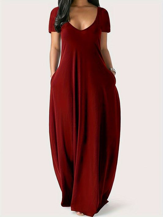 CM | Maxivestido de mujer - Corte vaporoso - Cuello en pico - Mangas cortas - Ligero con bolsillos