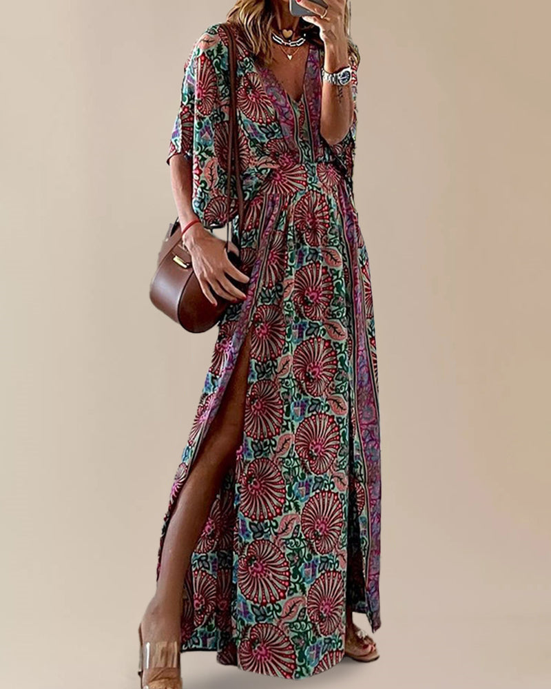 CM | Bohème Print Vestido Cuello en V Elegante Vestido Largo con Escote al Tobillo