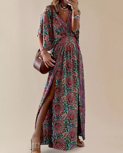 CM | Bohème Print Vestido Cuello en V Elegante Vestido Largo con Escote al Tobillo