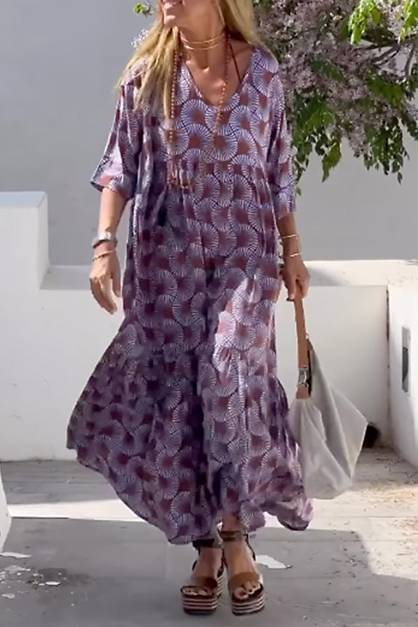 CM | Ibiza Fashion Print Cuello V Suelto Vestido Largo Manga Larga