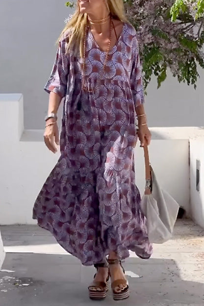 CM | Ibiza Fashion Print Cuello V Suelto Vestido Largo Manga Larga