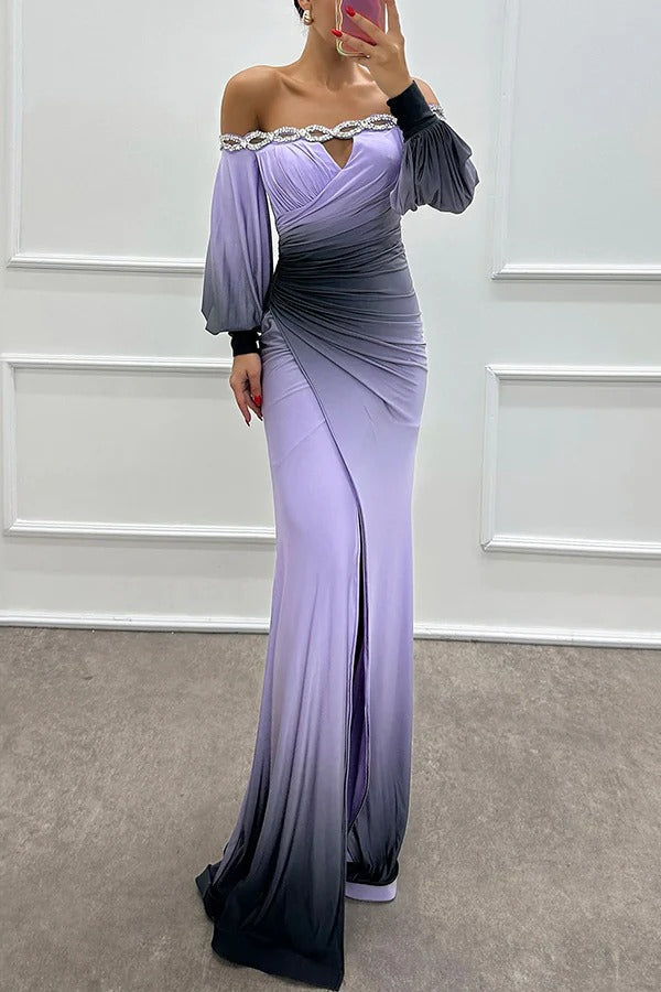 CM | Julieta Estampado degradado Cuello barco Hombros descubiertos Detalle piedras preciosas Vestido con aberturas Maxi Vestido