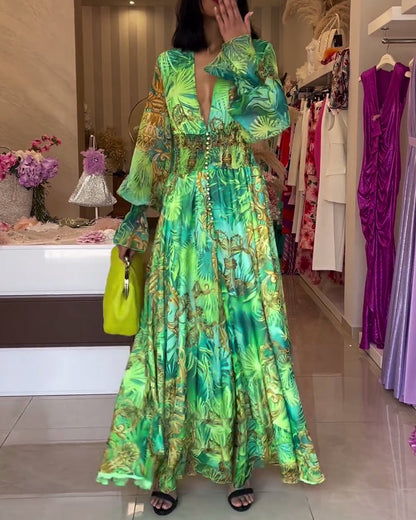 CM | Elegante vestido largo con estampado y cintura imperio