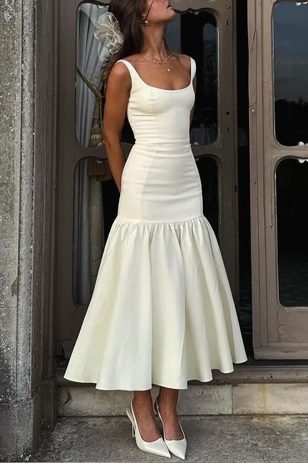 CM | Silueta Agraciada Escote Cuadrado Tira Ancha Cintura Caída Vestido Midi