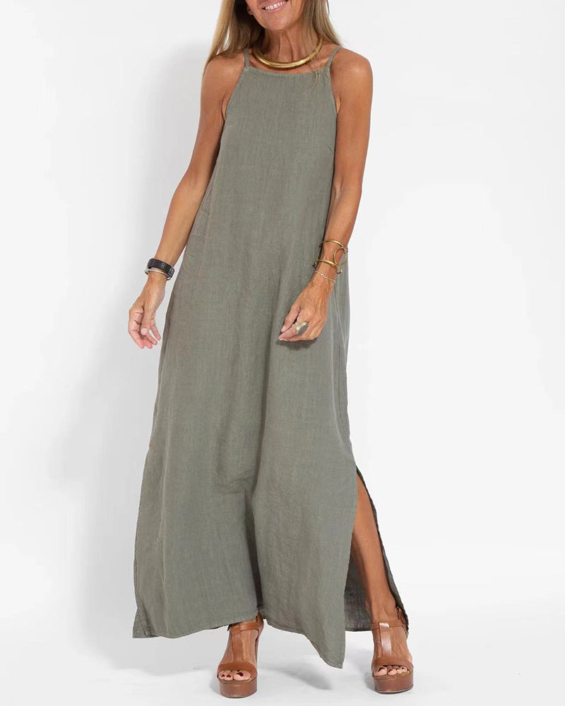 CM | Vestido casual espagueti sin mangas con abertura lateral maxi vestido