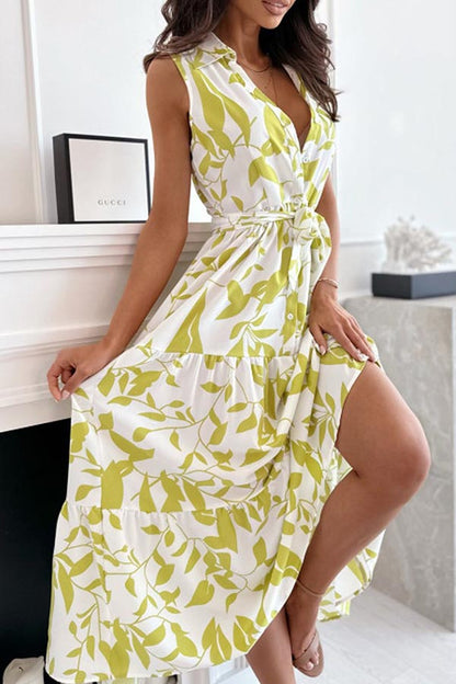 CM | SILUETA VEGETAL ESTAMPADO CINTURÓN CAMISA VESTIDO MIDI