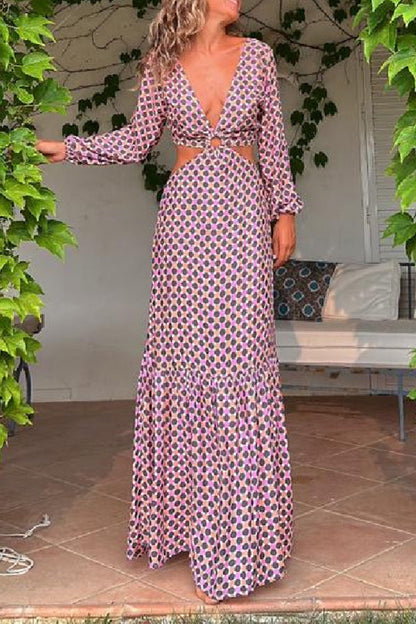 CM | Serene Dreams Maxi Vestido con Cuello Lateral Estampado y Cintura Elástica