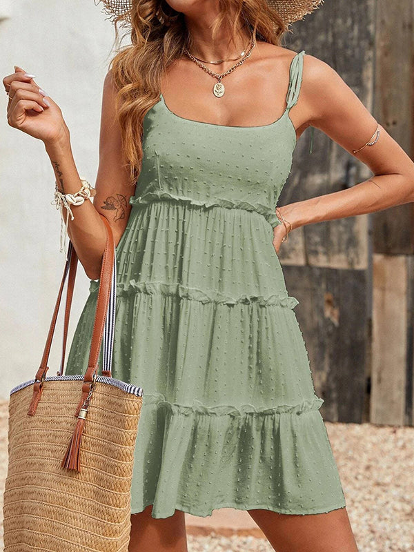 CM | Loose jacquard capas plisado espagueti cuello mini vestidos