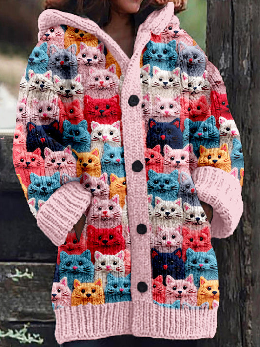 CM | Abrigo de punto con tapeta de botones y alegre estampado de gatos