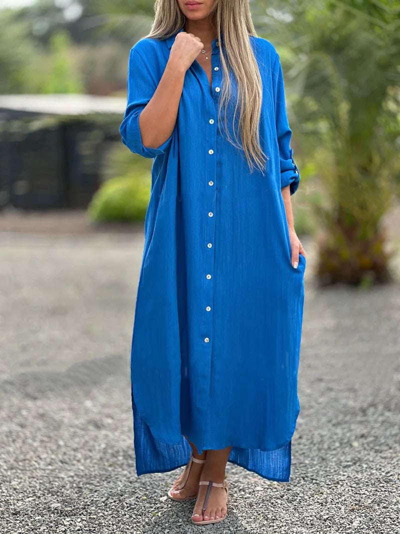 CM | Vestido camisero casual monocolor de señora con tapeta de botones