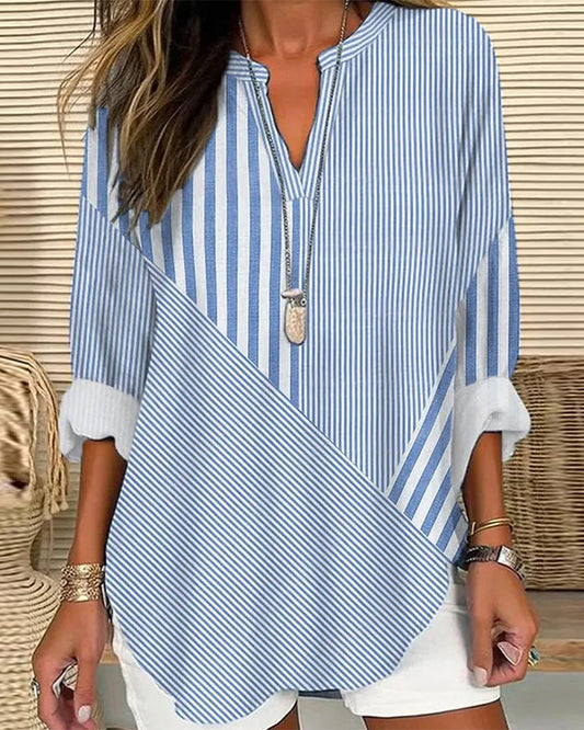 CM | Blusa túnica casual a rayas con cuello en V para mujer, top túnica a rayas de manga larga para mujer