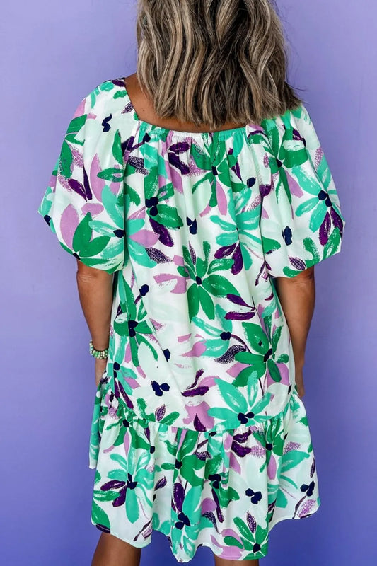 CM | Estampado floral Escote cuadrado fruncido Minivestido holgado
