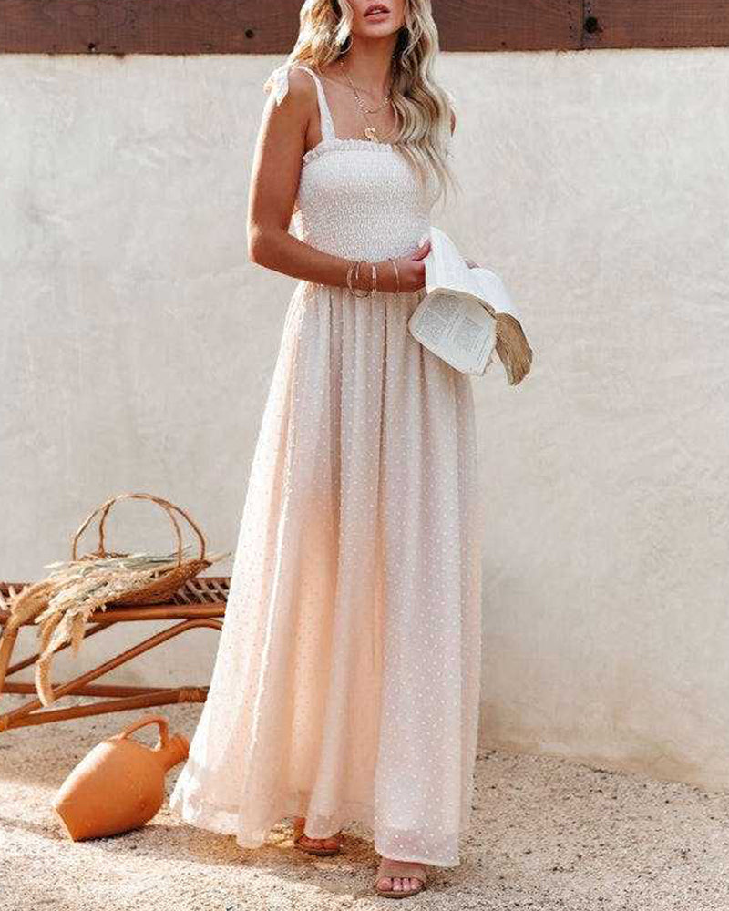 CM | Boho Espagueti Correa Cuello Cuadrado Lunares Bengala Playa Maxi Vestido
