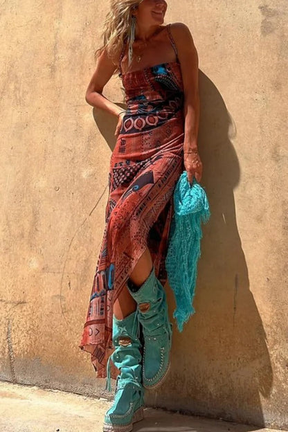 CM | Estilo Gitano Impresión Única Cuello Vaca Atrás Encaje Abertura Vestido Midi