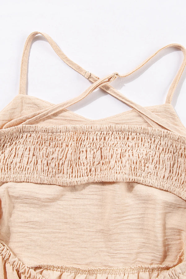 CM | Vestido cruzado en color avena con corpiño sin espalda y maxi vestido con capas