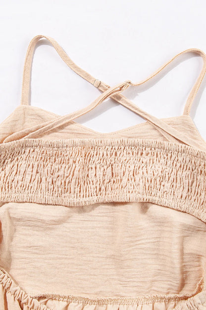 CM | Vestido cruzado en color avena con corpiño sin espalda y maxi vestido con capas