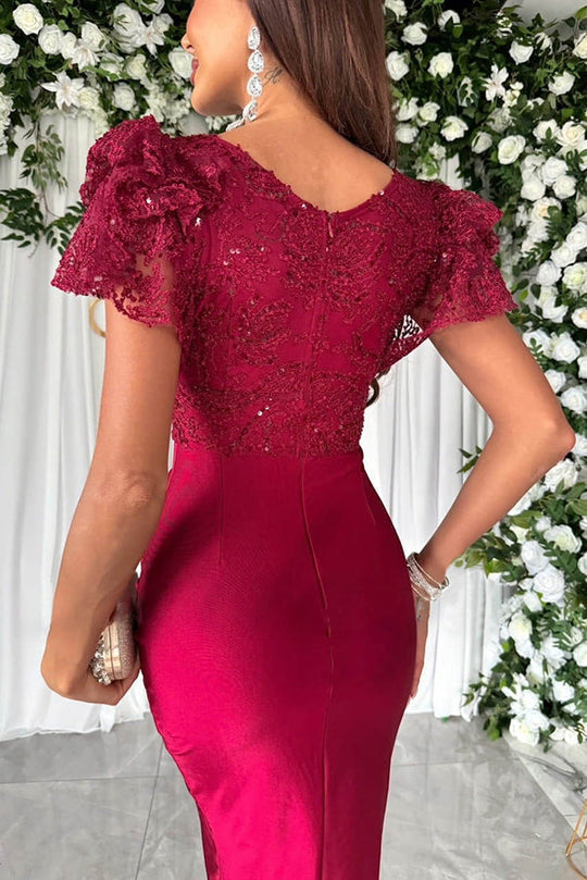 CM | Vestido midi de encaje y satén con mangas de volantes y patchwork de lujo