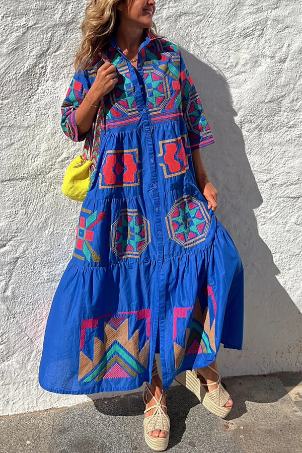 CM | Take Me To Cabo Ethnic Unique Print Botón Camisa Suelta Vestido Midi