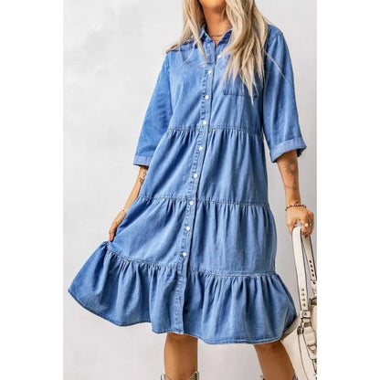 CM | Mini vestido de chambray con volantes y tapeta de botones en denim