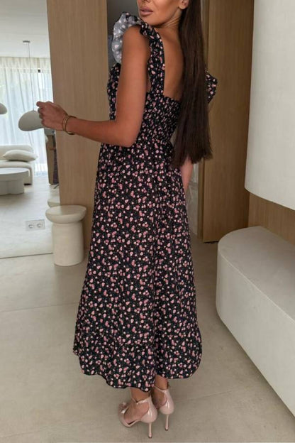 CM | Estampado floral Escote cuadrado Espalda plisada Vestido midi