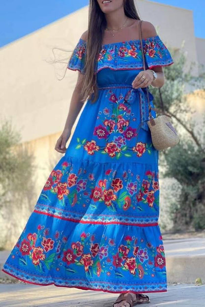 CM | Vestido largo estampado con hombros al aire
