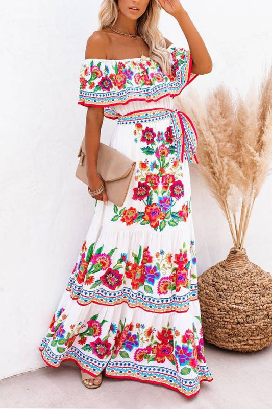 CM | Vestido largo estampado con hombros al aire