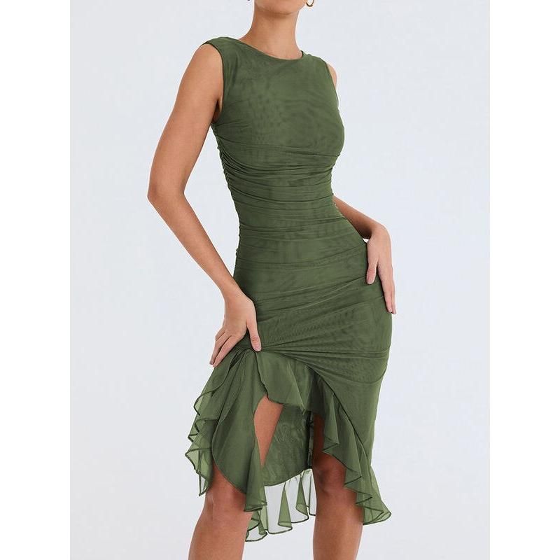 CM | Elegante vestido midi sin espalda con volantes