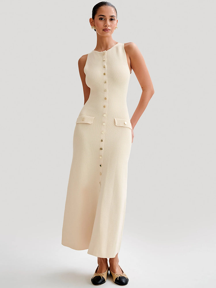 CM | Elegante maxi vestido abotonado sin mangas para mujer