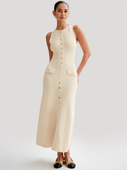CM | Elegante maxi vestido abotonado sin mangas para mujer